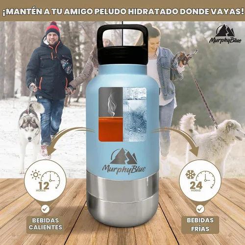 Vista 6 de MurphyBlue Botella de agua para perros 32 onzas de acero inoxidable aislado de capacidad, tapa con mosquetón integrado, cuencos desmontables
