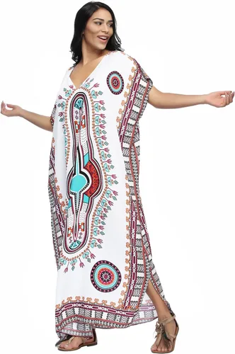 Vista 6 de SMUDGE Life Vestido largo de caftán con estampado étnico blanco para mujer vestido de playa de verano