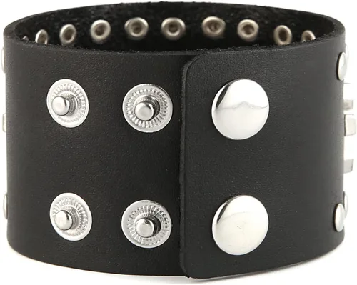 Vista 5 de STWTR Negro remaches de metal tachuelas punk rock biker cinturón ancho cuero pulsera guardia correa de muñeca calavera