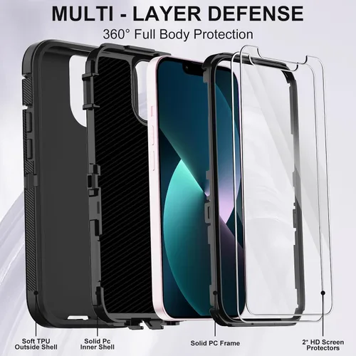 Vista 2 de Funda para iPhone 13 con 2 protectores de pantalla, protección contra caídas a prueba de golpes, cuerpo completo, resistente, 3 capas, militar