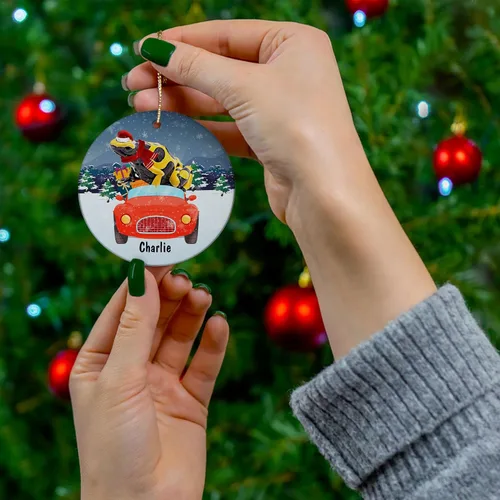 Vista 4 de Winter Red Car Design with Bumblebee Dart Frog Personalized Name Christmas Ornaments 2026 Circle Ceramic Pet Owner Gifts