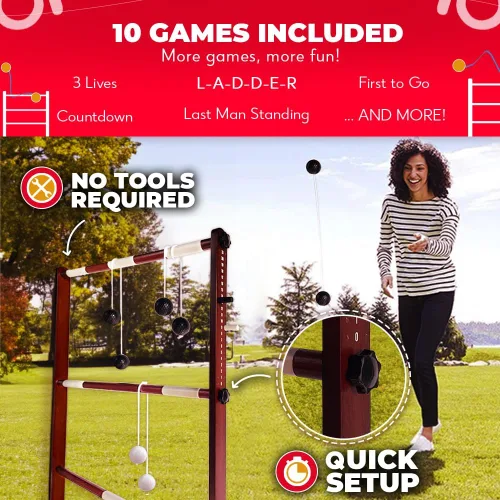 Vista 3 de SWOOC Games® - Juego de pelota de escalera de madera premium (resistente a la intemperie) - con más de 10 juegos y estuche de transporte - Fácil