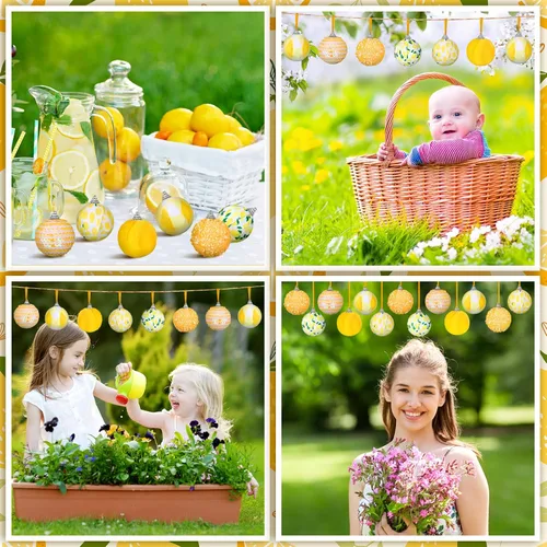 Vista 6 de Liliful 12 adornos para árbol de verano, adornos colgantes de limón, lentejuelas brillantes, decoración de fruta, colgante de bola amarilla