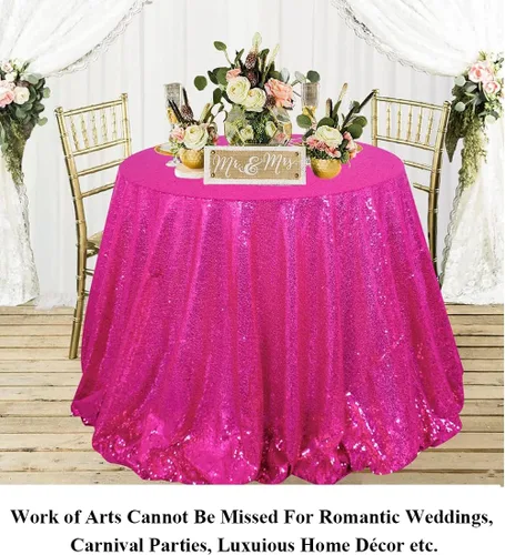 Vista 4 de Partisout - Mantel redondo de lentejuelas de 48 pulgadas color rosa brillante - Cubierta de mesa con purpurina brillante para boda, cumpleaños Rosa