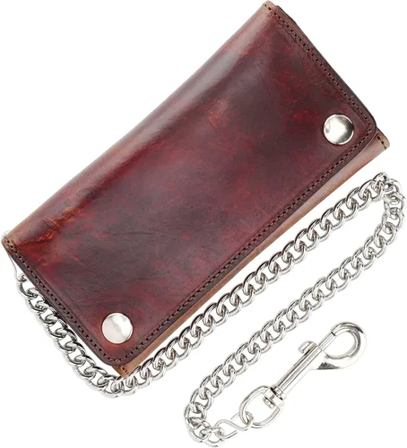 Vista 3 de RFID bloqueo de tres pliegues vintage de cuero de vaca de estilo largo con cadena tarjetero cartera, hecho en Estados Unidos