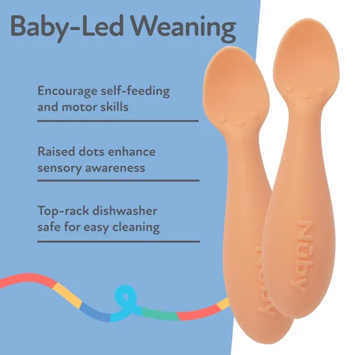 Vista 4 de Nuby Mini cucharas de silicona – (paquete de 2) cucharas de destete para bebés – 4+ meses – naranja