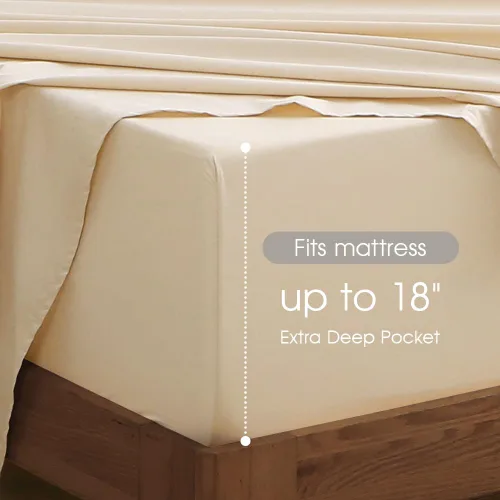 Vista 4 de HYPREST Sábanas de algodón tamaño King, sábans de bolsillo profundo de 18 pulgadas para hotel de lujo suave beige - 600 hilos