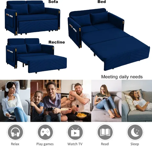 Vista 5 de Sofá cama de terciopelo de 54 pulgadas con cama desplegable, convertible, moderno, ajustable y multiposición con 2 bolsillos desmontables