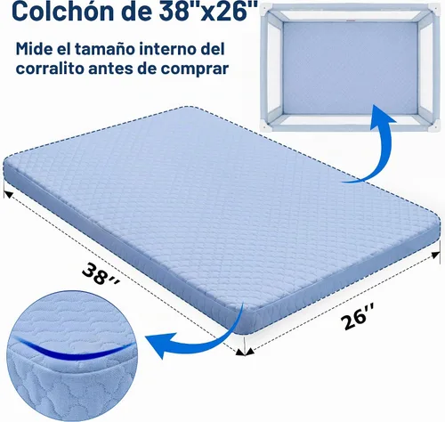 Vista 2 de Pro Goleem Colchón Pack and Play de 38 x 26 pulgadas para bebés y niños pequeños, color azul