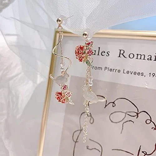 Vista 2 de Pendientes de hoja de Sakura con perlas rosadas Ginkgo Biloba Cat Fairy Flower Statement Pendientes para mujer