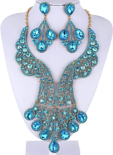 Vista 6 de Janefashions Peacock Feather Teal Austrian Rhinestone Crystal Statement Collar Pendientes Set Gargantilla Show Beauty Queen N820t, Cristal
