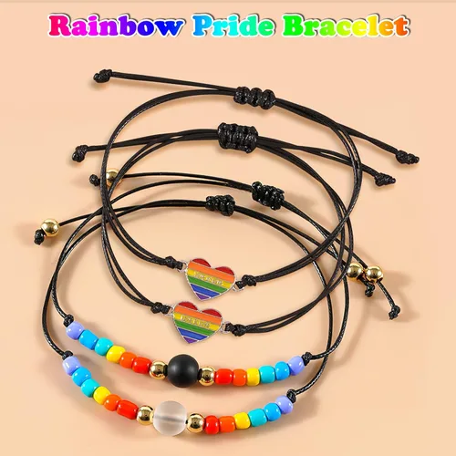 Vista 3 de Pulsera de arco iris LGBT, elegantes pulseras de cuero negro del orgullo LGBTQ, cierre de acero inoxidable a rayas de arco iris, brazalete