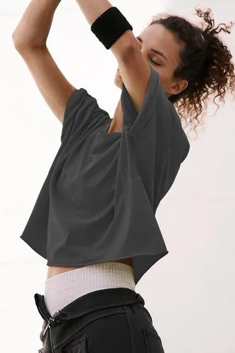 Vista 3 de Camisetas cortas extragrandes de entrenamiento de para mujer, estilo informal, de manga corta, hombros caídos, con dobladillo enrollado, básicas