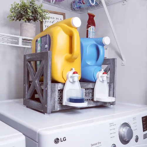 Vista 6 de Soporte de madera para detergente para ropa – Estante rústico de lavandería para dos botellas de detergente, almacenamiento y decoración