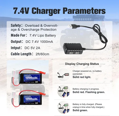 Vista 11 de Batería Lipo de 7.4 V con enchufe JST 2S 30C (60 C) batería de litio recargable de 1200 mAh compatible con UDIRC Cheewing y la mayoría de coches RC