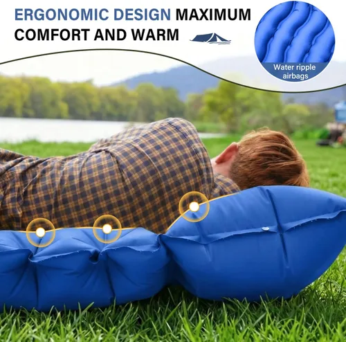 Vista 3 de FUN PAC Almohadilla de dormir para acampar con almohada Bomba de pie incorporada Esterilla de dormir inflable compacta para acampar mochilero Azul