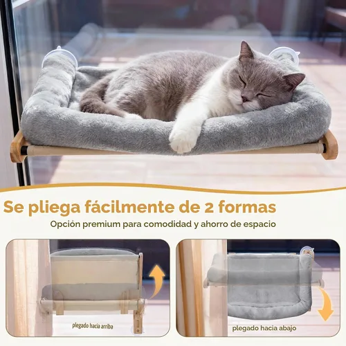 Vista 4 de Pecute Hamaca plegable para ventana de gato, cama para gatos con cojín Gris
