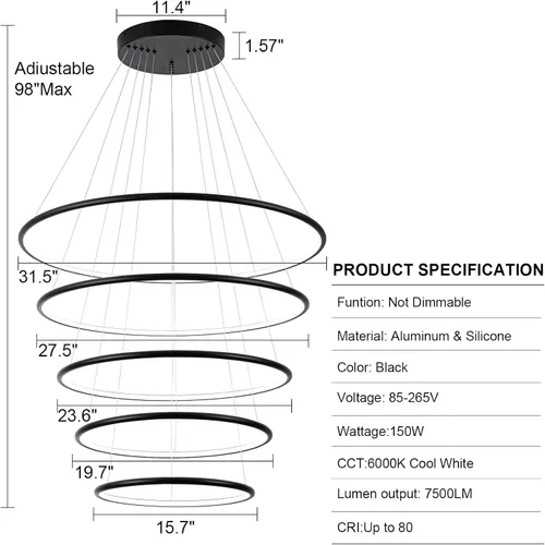 Vista 4 de MADEM Moderno candelabro LED de 5 anillas, lámpara colgante de techo contemporáneo para escaleras, vestíbulos de escaleras, sala de estar de techo