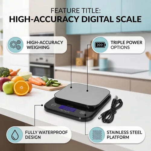 Vista 4 de Garosa Wh-B28 Báscula digital de cocina de 22.0 lbs/0.04 oz báscula de alimentos de precisión de acero inoxidable Gramos y onzas LCD Báscula