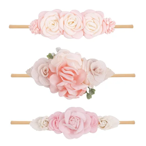 Vista 12 de Diadema floral de nailon para bebé, corona de flores, banda elástica para el cabello, 3 piezas, accesorios para el cabello, regalo para niñas, 2#