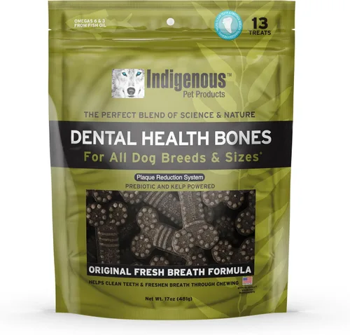 Vista 13 de Indigenous Pet Dental Health Bones Regular – Colágeno de res (17 onzas) Masticables para perros sin granos con prebióticos y omegas Refresca