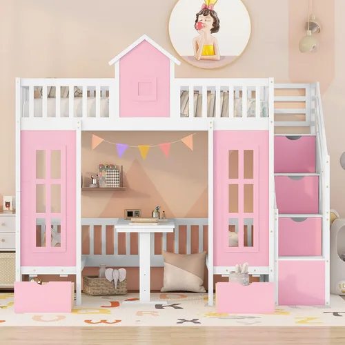 Vista 16 de Playhouse Wood Twin Size Loft Bed with Storage Staircase, Desk, Shelves
