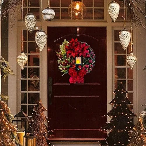 Vista 6 de Coronas artificiales grandes de Navidad para puerta delantera, coronas de Navidad con cinta de lazo, guirnaldas de invierno para interiores