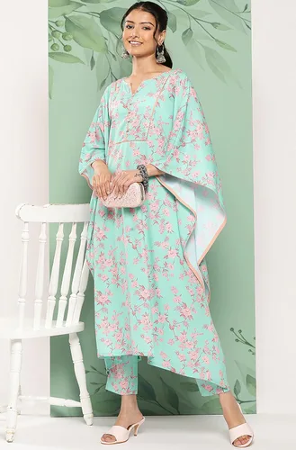Vista 3 de Janasya Kaftan indio con estampado digital de crepé verde mar con pantalones para mujer