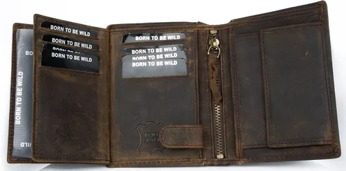 Vista 4 de Cartera vertical de cuero genuino para hombre nacido para ser salvaje con un tiburón, Marrón, Cartera triple