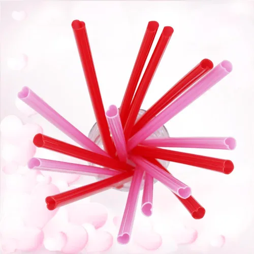 Vista 2 de Pajitas en forma de corazón, paquete de 100 pajitas de plástico rosadas, envueltas individualmente, para bodas y fiestas