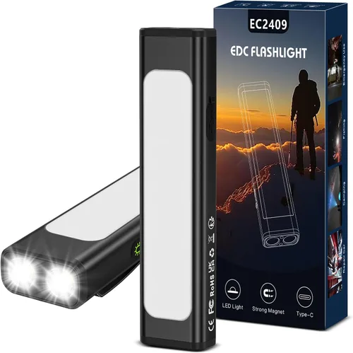 Vista 23 de Linterna plana EDC recargable, 1200 lúmenes USB-C (naranja, 1 unidad) Linterna de bolsillo con clip, 9 modos de luz magnética impermeable pequeña