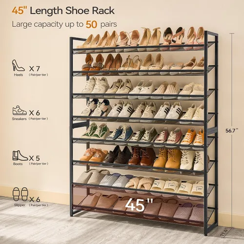 Vista 3 de Nunsino Zapatero, organizador de zapatos de metal grande, capacidad máxima para 50 pares, estante de almacenamiento de zapatos de 8 niveles