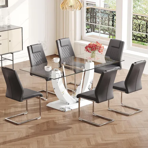 Vista 9 de JUFU Juego de mesa de comedor de cristal de 71 pulgadas para 6, juego de mesa de comedor moderno con base de textura de mármol sintético blanco