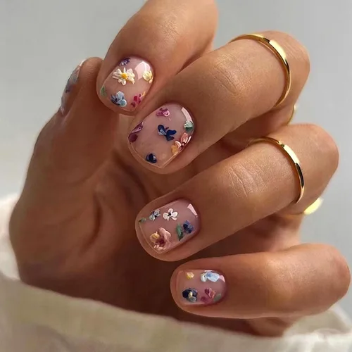 Vista 27 de Uñas postizas a presión de mariposa - Uñas falsas cortas cuadradas con diseños en relieve 3D, punta francesa blanca, acabado mate, acrílico rosa