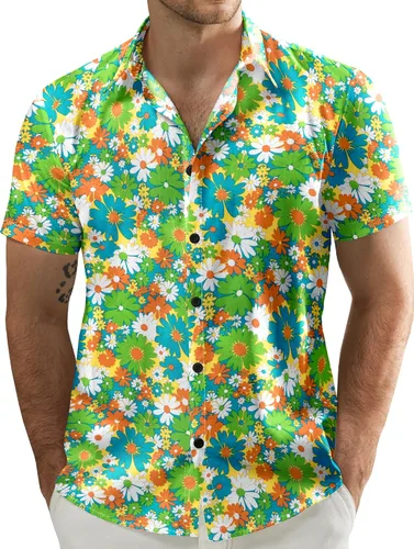 Vista 16 de JOGAL - Camisa hawaiana de Aloha para hombre, manga corta, diseño de flores Negro Blanco Línea