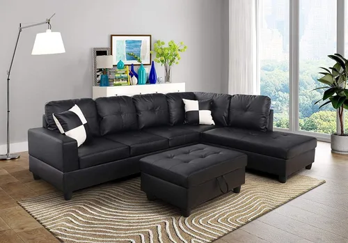 Vista 4 de Juego de sofá modular de piel sintética en forma de L con diván, otomana, 2 almohadas de lanzamiento