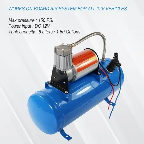 Vista 3 de Nuevo compresor de aire DC 12V de 150PSI con tanque de 6 litros 1.6 galones para bocinas de tren, autocaravanas y neumáticos