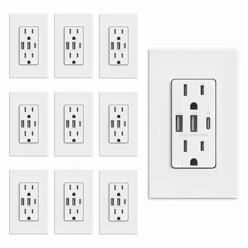 Vista 9 de ELEGRP Tomacorrientes USB, toma de pared de 3 puertos, toma eléctrica de 30 W 6.0 A resistente a manipulaciones, toma de corriente de 15 amperios