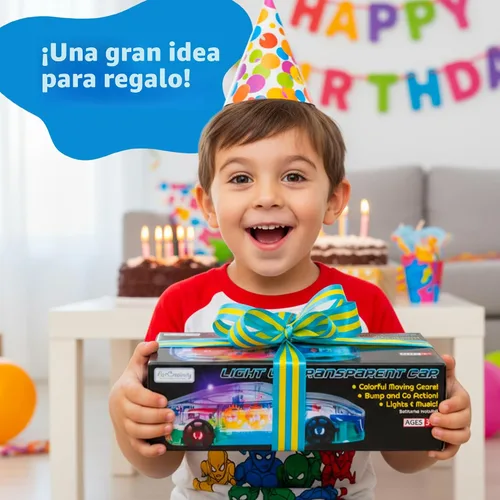 Vista 4 de ArtCreativity Juguete sensorial transparente con luz para niños, 1 unidad, auto de juguete con engranajes móviles coloridos, música y efectos LED
