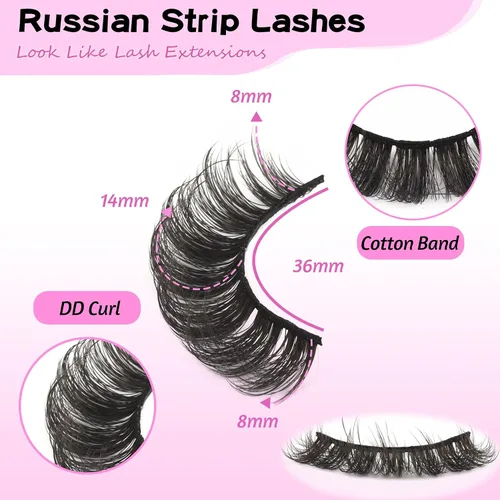 Vista 3 de Losha Pestañas postizas rusas rizadas DD a las que les gustan las extensiones de pestañas, paquete de 10 pares de pestañas postizas suaves (D03)