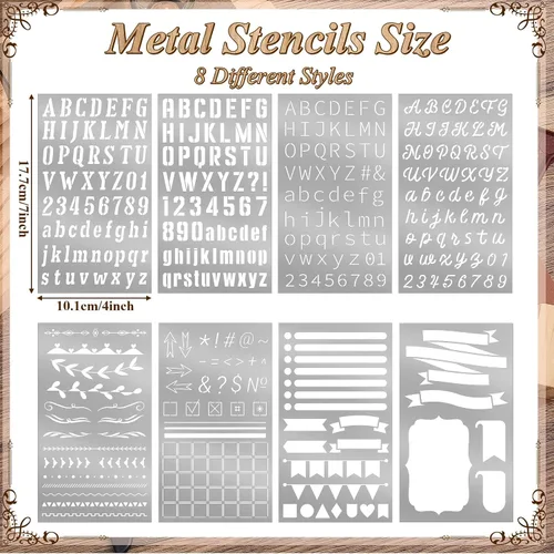Vista 2 de Lewtemi 8 Piezas Plantillas de Letras y Números de Metal de 4 x 7 Pulgadas, Plantillas de Alfabeto de Acero Inoxidable para Grabado, Pintura