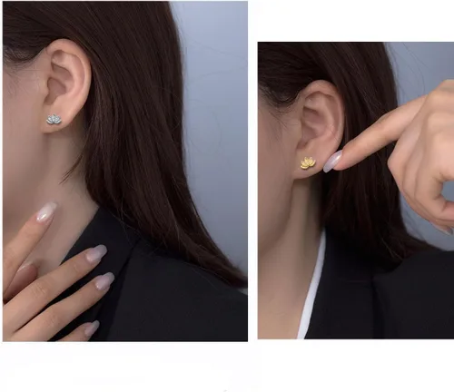 Vista 5 de Aretes de plata de ley 925 con diseño de loto para mujer, hipoalergénicos, minimalistas
