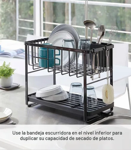 Vista 4 de YAMAZAKI Home Tower - Escurridor de platos ajustable de dos niveles, estante de secado compacto con ganchos, soporte para utensilios, acero - Negro