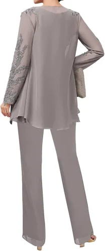 Vista 2 de Trajes de pantalón de gasa para madre de la novia, vestidos formales de noche para boda, manga larga, trajes de madre de 3 piezas