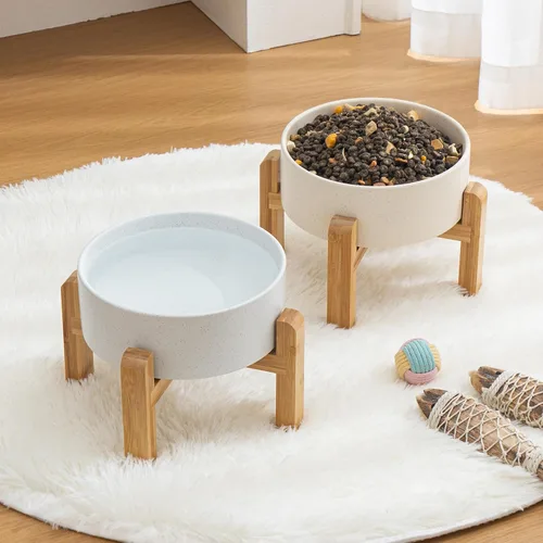 Vista 8 de Cuenco elevado de cerámica de 6 pulgadas para perros – Cuenco de comida y agua para perros de 30 onzas con soporte elevado de bambú antideslizante