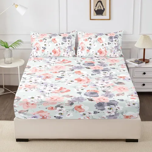 Vista 16 de Sábana bajera ajustable floral con fundas de almohada, 100% microfibra cepillada, sábana bajera ajustable con bolsillo profundo, ultrasuave