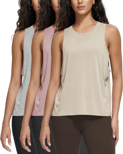 Vista 18 de ODODOS Paquete de 3 camisetas sin mangas sueltas para mujer, camisetas sin mangas para gimnasio, atletismo, entrenamiento, camisetas de yoga