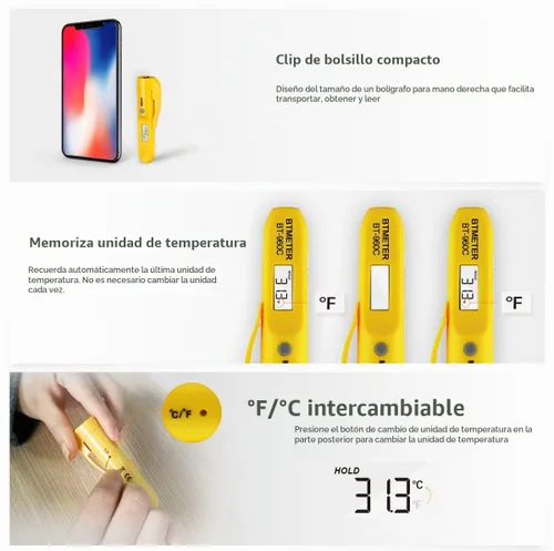 Vista 4 de Mini termómetro digital infrarrojo – BTMETER BT-960C pluma de temperatura con clip de bolsillo, lectura instantánea a 527 ℉ apagado automático
