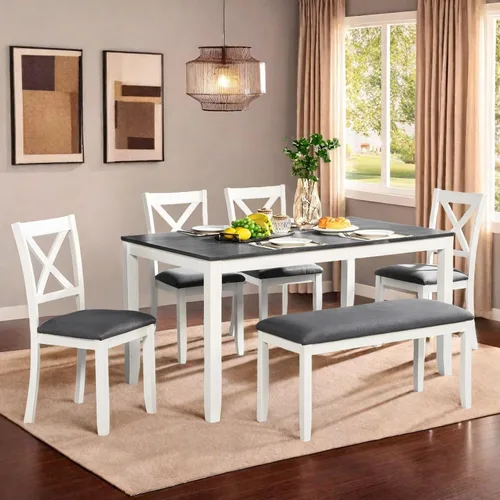 Vista 12 de Juego de mesa de comedor Trygoal para 5, juego moderno de 6 piezas para comedor con mesa rectangular, 4 sillas tapizadas con respaldo y un banco