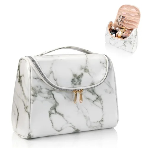Vista 10 de Elegante estuche de maquillaje y aseo de viaje para mujer; estuche organizador de brochas y maquillaje de gran capacidad y hecho de cuero vegano